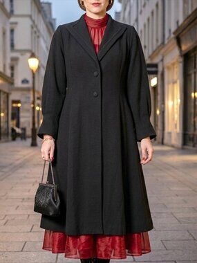 RARE c. 1940 black Saltaire swing coat w/ ribbon detail